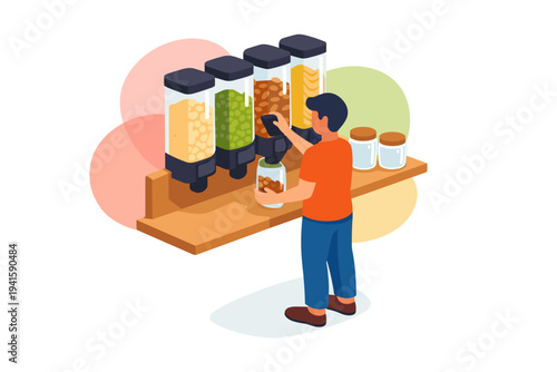 Person filling jar with bulk food from dispenser.