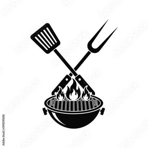 Barbecue grill with spatula and fork vector illustration on fire