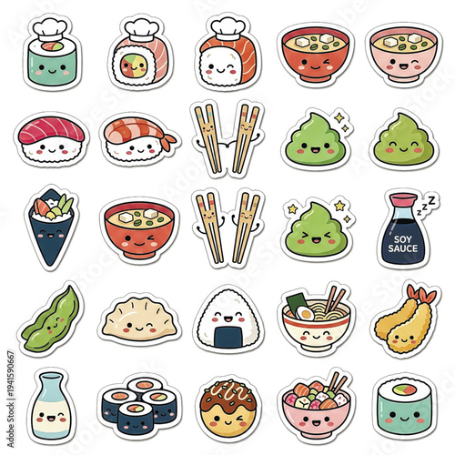  A collection of adorable kawaii stickers featuring a variety of Japanese cuisine, including sushi, ramen, gyoza, and more. Isolated vector set.Vector illustration