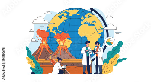 Geologists and scientists in lab coats conduct research and collect data near active volcanoes with a globe in back.