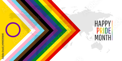 Happy Pride Month with rainbow flag on top of world map background. Vector illustration