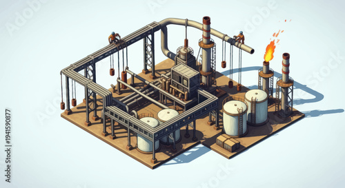 Industrial Oil Refinery Plant with Flare Stack and Storage Tanks.
