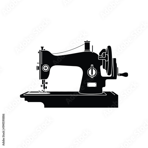 Vintage sewing machine, vector illustration of antique handicraft and tailoring equipment