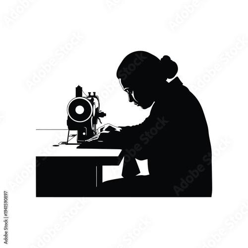 Silhouette woman sewing at a vintage sewing machine illustration vector