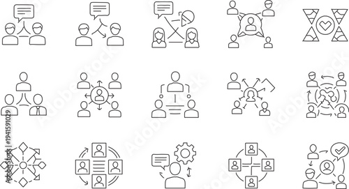 Set of 15 Outline Vector Icons for Business Communication, Teamwork, Networking, and Social Connection Concepts, Ideal for Websites and Presentations isolated PNG with Transparent Background