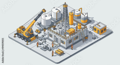 Industrial Oil Rig Platform with Crane and Equipment.