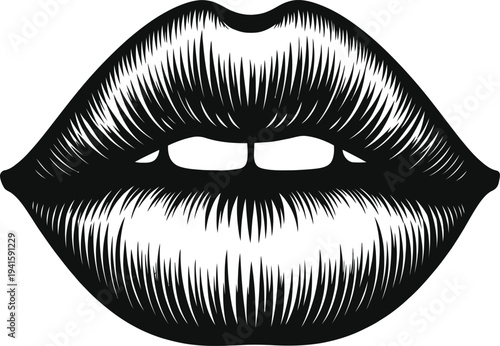 Engraved vintage lips illustration, black and white mouth icon, sensual female lips design, beauty fashion symbol vector graphic