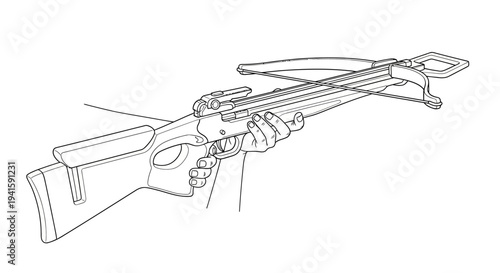 Hand holding a crossbow, ready to shoot, hunting weapon, archery sport, outdoor activity