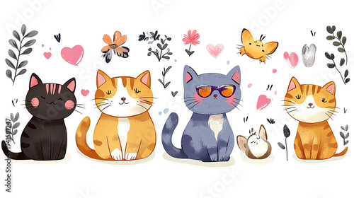  Adorable Cat Family with Flowers and Hearts