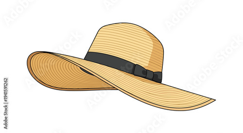 Classic wide-brimmed straw sun hat with a black ribbon band isolated on a clean white background for summer.