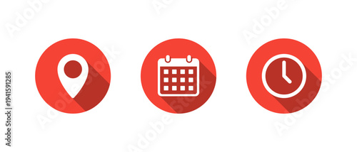 Location, calendar, and clock icon with long shadow. Map pin, date, and time symbol. Event schedule sign