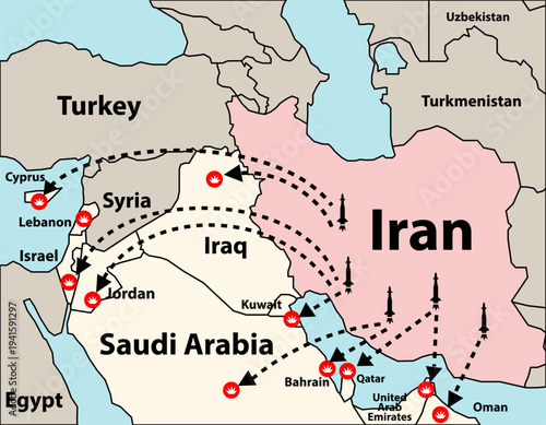 Iran, middle east conflict, vector illustration 
