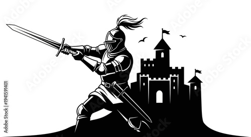 Knight Warrior with Sword and Castle Silhouette, Medieval Fantasy Art