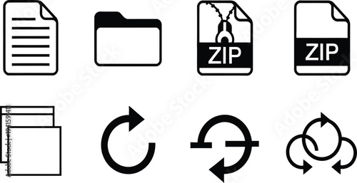 File and folder icons set, document zip archive and sync symbols, data storage management concept, vector interface illustration