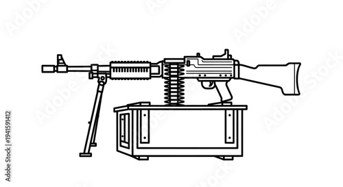 Line Art Illustration of a Machine Gun Mounted on a Wooden Ammunition Box with Bipod