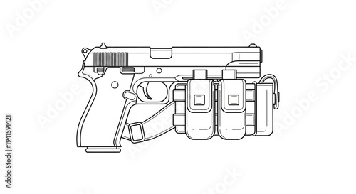 Line Art Illustration of a Handgun with Magazine Pouches and Holster