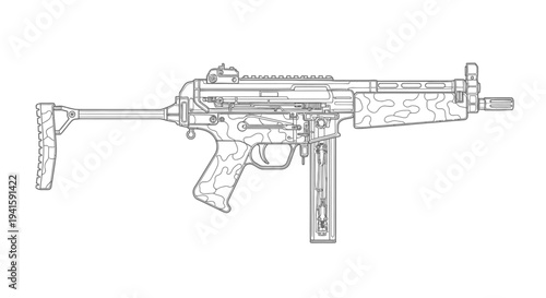 Line Art Drawing of a Submachine Gun with Collapsible Stock and Camouflage Pattern