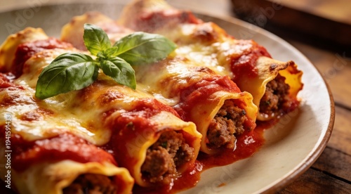 Delicious baked cannelloni filled with minced meat and rich tomato sauce.