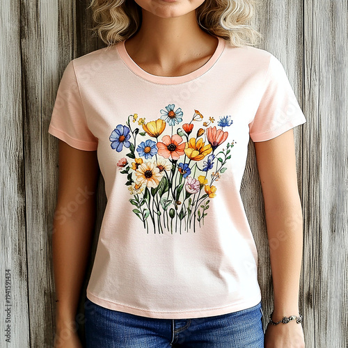 Boho Style Flower Print T-Shirt on Wooden Background.
