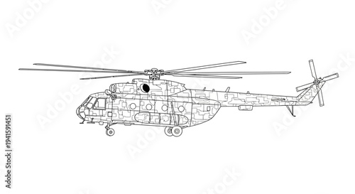 Line Art Illustration of a Military Helicopter in Flight
