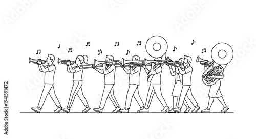 Marching Band Parade: Musicians Playing Brass Instruments in Formation