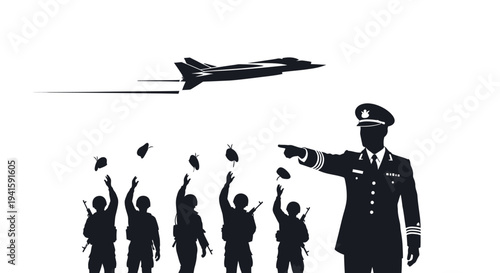 Military parade: soldiers salute jet fighter, officer directs