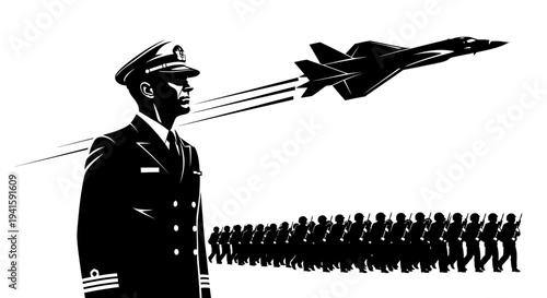 Military Parade: Officer, Jet Fighter, Soldiers Marching - Black and White