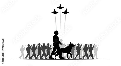 Military Parade with Fighter Jets and Service Dog Silhouette