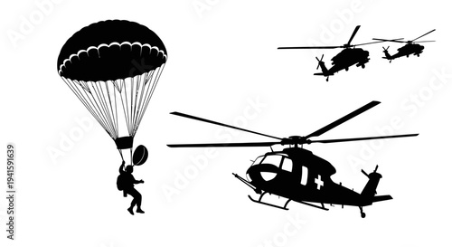 Military Paratrooper Descending with Helicopters in Background - Silhouette