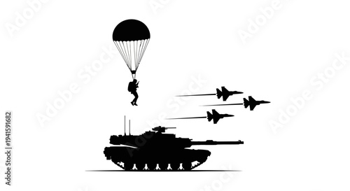 Military Paratrooper Descends onto Tank with Fighter Jets Flying Overhead