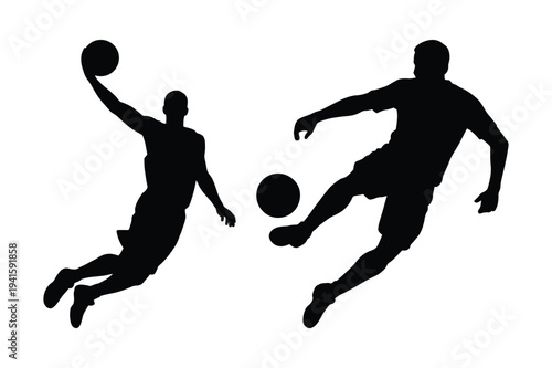 Basketball player dunk and soccer player kick silhouettes