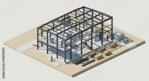 Industrial steel frame construction of a modern building project.