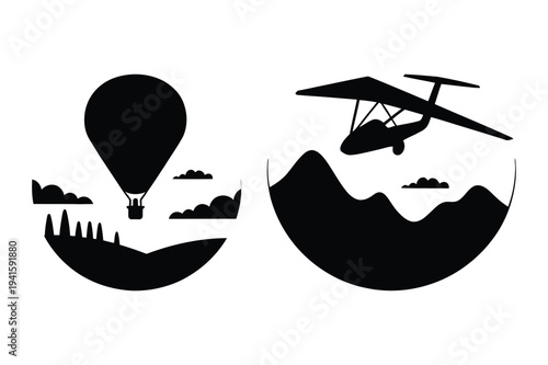 Hot air balloon and hang glider over mountains vector icons
