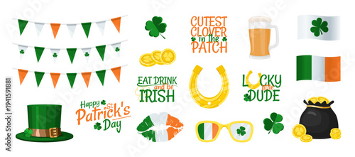Set of Saint Patricks Day stickers with funny sayings and Irish elements. Vector illustration