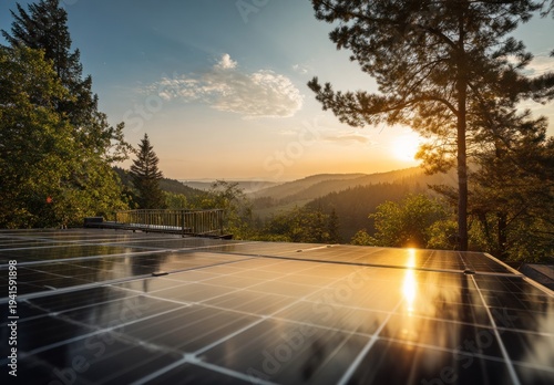 Solar panels on a rooftop overlooking a serene mountain landscape at sunrise.