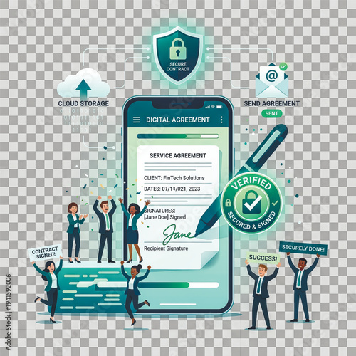 Vector infographic of a secure e-signature process. A digital contract on a mobile device with verification, and celebrating business people. Vector illustration