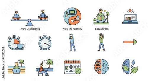 Colorful Icons Representing Various Aspects of Life and Balance.