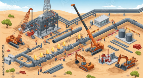 Oil and Gas Industry Construction Site with Heavy Machinery and Workers.