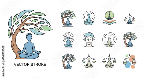 Meditating Figure Under Tree with Leafy Canopy Vector Illustration.
