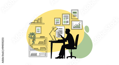 Vector illustration of a person working at a desk in a home office