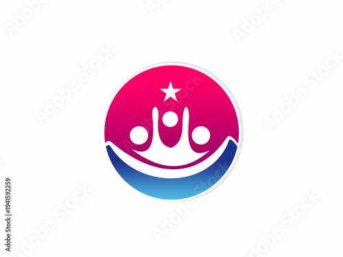 A vibrant logo featuring white people icons with a star above and a blue curved base, representing achievement, leadership, and communal success.