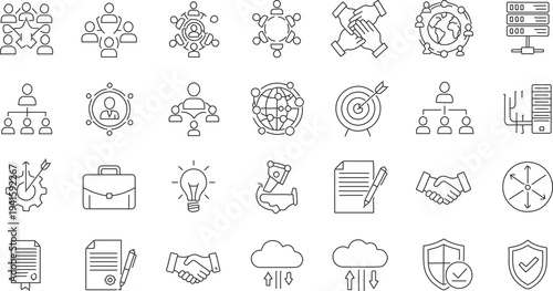 Set of 30 Outline Business and Technology Icons Vector for Corporate Communication, Teamwork, Data Management, and Digital Security isolated PNG with Transparent Background