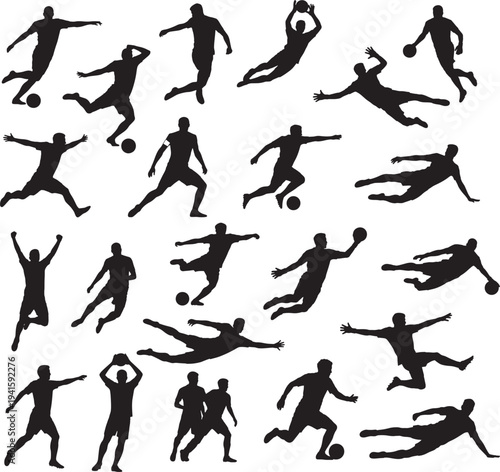 Football and soccer players silhouettes vector illustration set isolated on transparent background