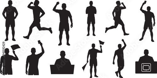 Referee gestures silhouettes collection showing soccer official signals and yellow red cards