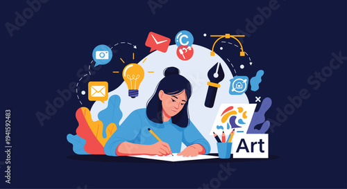 Creative woman works on an art project at her desk surrounded by colorful design icons and artistic tools.