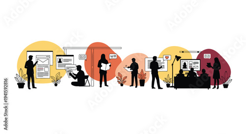 Set of 8 business people vector illustrations in colorful bubbles