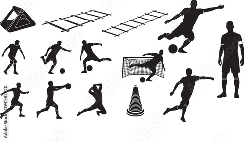 Soccer player and training equipment silhouettes vector illustration set on transparent background