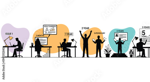 Set of 6 office workers vector illustrations in various productivity scenes