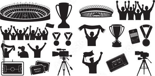Soccer stadium trophy medals tickets and cheering fans celebrating victory