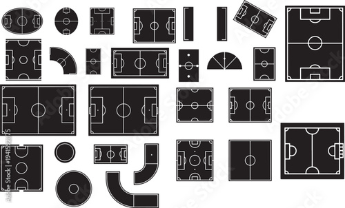 Tactical football pitch diagrams showing different field layouts and sports court marking icons